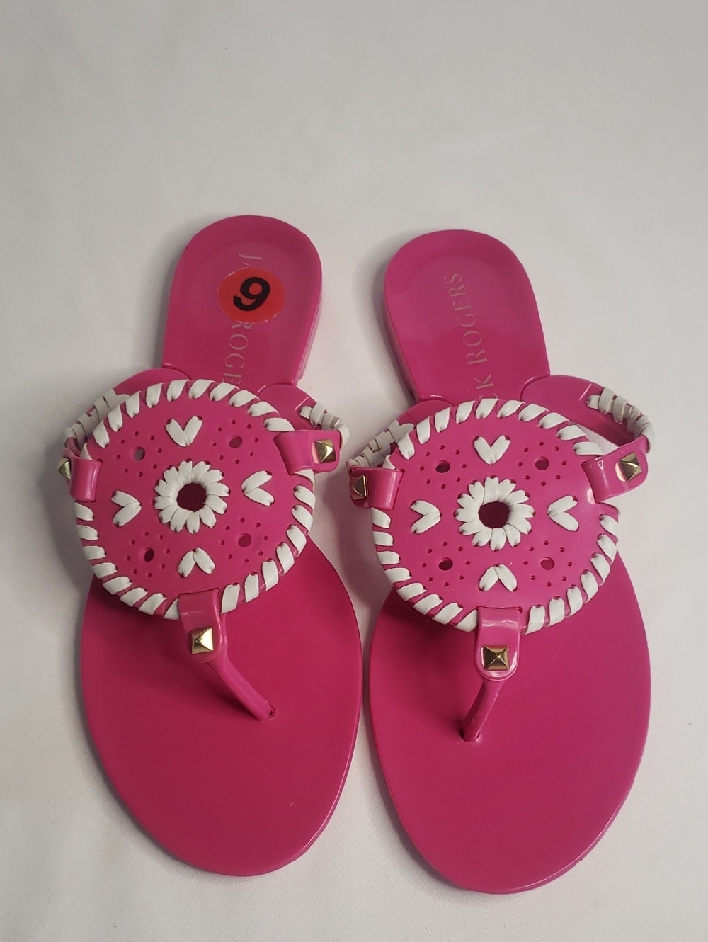 Jack Rogers NWT Bright Pink with White Whipstitch Thong Medallion Sandals, 6